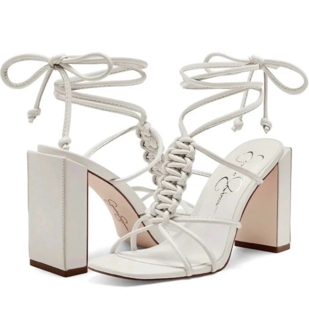 Elegant White Strappy Jessica Simpson Women’s Leather Slip On Heels Sandals